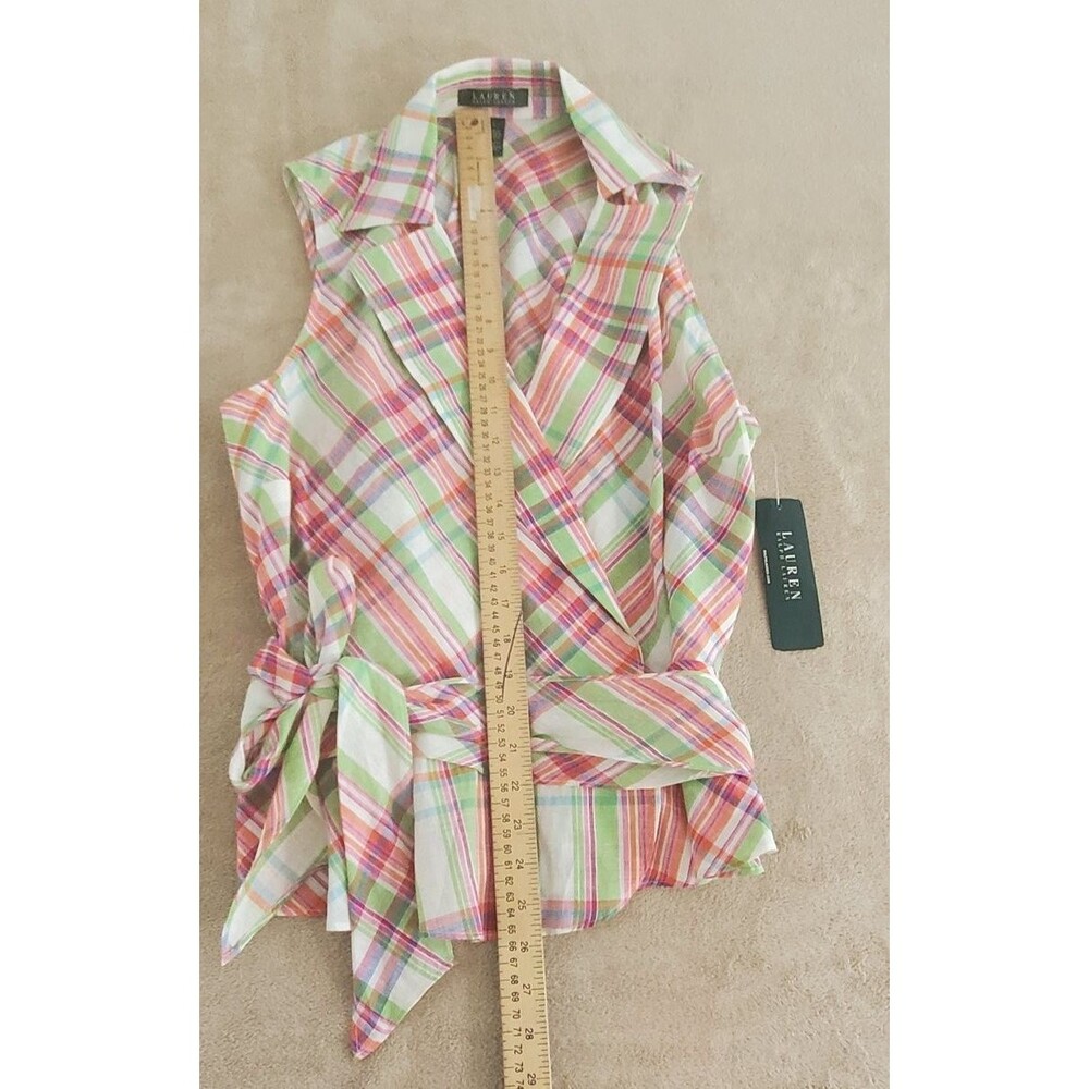 Lauren Ralph Lauren Pink Green Plaid Wrap Blouse - Size L - Picture 9 of 9